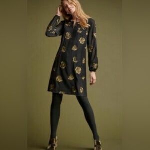 CABI Occasion Dress Black with Gold Embrodery Floral and Swiss Dot size S #3697